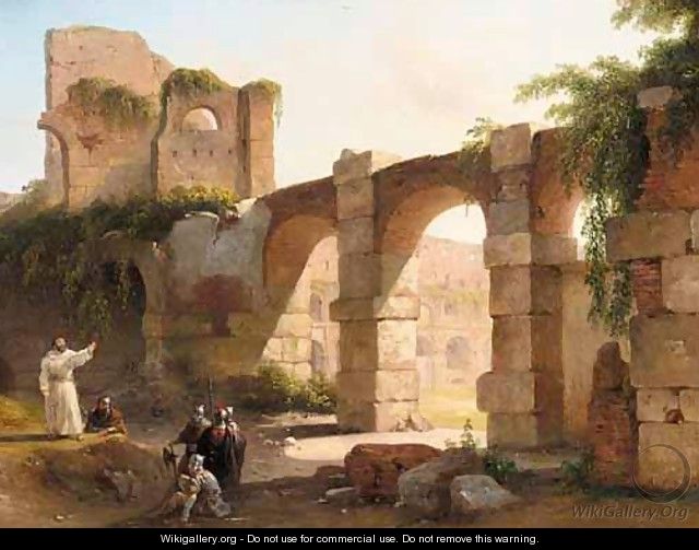 A Monk Preaching To Soldiers Amongst The Ruins Of An Amphitheatre - French School