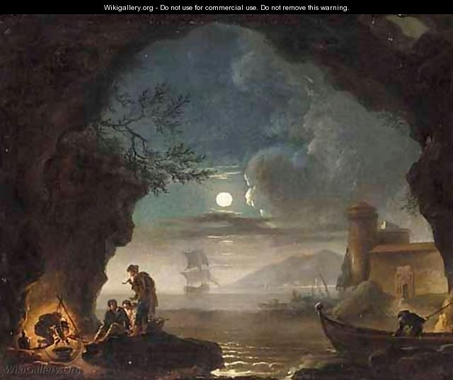 A Moonlit Coastal Landscape With Figures Cooking Over A Fire In The Foreground - (after) Claude-Joseph Vernet