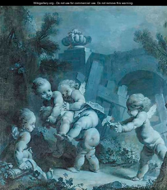 A Landscape With Putti At Play - (after) Francois Boucher