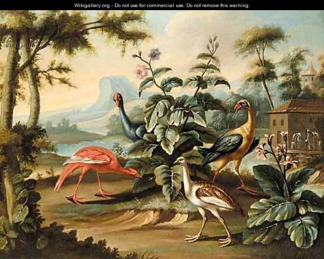 Exotic Birds In An Extensive Landscape With A Watermill - French School