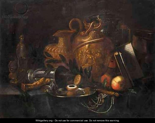 A Still Life With A Gilt Ewer, A Gilt Urn, A Pewter Plate And Cup Together With Two Statuettes, Apples, A Pearl Necklace, A Book And A Watch All Arranged Upon A Table Top - French School
