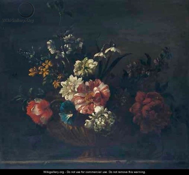 A Still Life With Chrysanthemums, Peonies, Morning Glory And Narcissi, In A Gilt Urn, Upon A Stone Ledge - (after) Jean-Baptiste Monnoyer