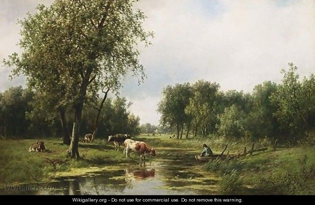 Grazing Cattle By The Water - Willem Vester