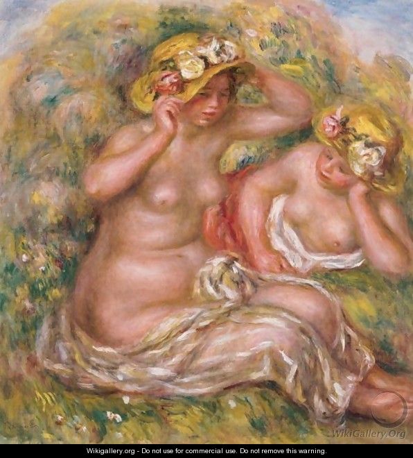 Deux Femmes Avec Des Chapeaux A Fleurs - Pierre Auguste Renoir