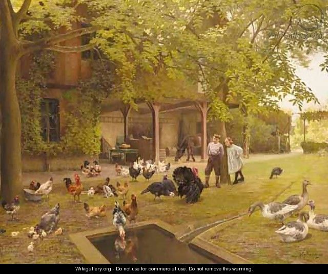 A French Farmyard With Poultry And Children - Charles Bertrand D