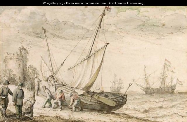 Fisherfolk Hauling Their Boat Onto The Shore, With Shipping Behind And A Tower To The Left - Adam Willaerts