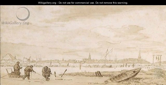 Winter Landscape With Men Fishing Through The Ice, And A Town Behind - Pieter Coopse