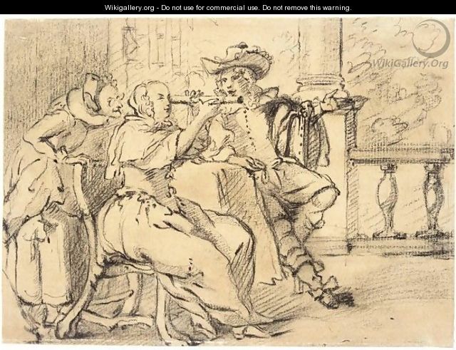 An Elegant Couple Seated On A Terrace, The Woman Looking Through A Telescope, An Old Woman Standing Behind - (after) Dirck Hals