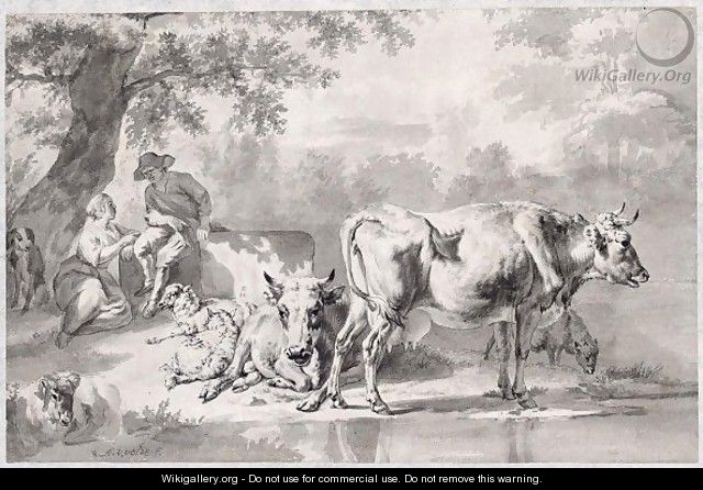A Shepherd Couple And Their Animals Resting Under A Tree By A Pond - (after) Adriaen Van De Velde