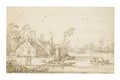 River Landscape With Boats By Cottages, And A Mill Behind - Esaias Van De Velde
