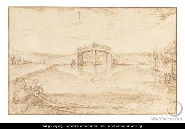 River View With Fisherman Hauling In A Net, And A Man On A Bridge Behind - Jacques de Gheyn
