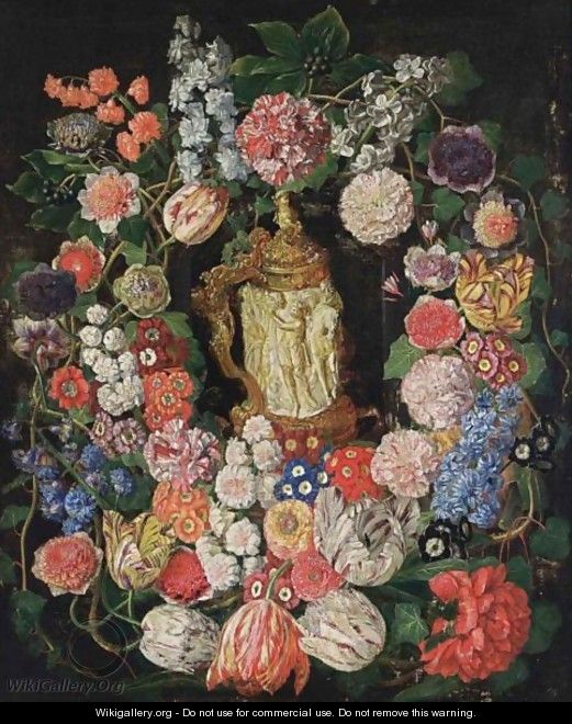 A Flower Garland With Tulips, Poppy Anemones, Hyacinths, Auricula, Carnations, Corn Flowers And Black Berries Surrounding A German Silver-Gilt And Ivory Tankard - Peeter Snijers