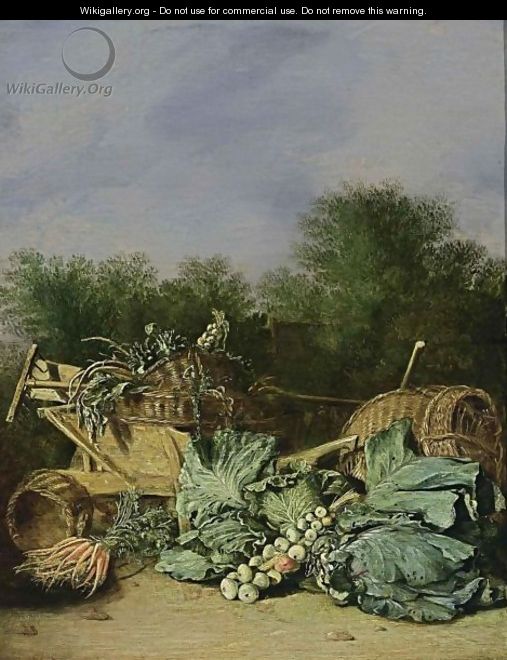 A Still Life With Carrots, Cabbage And Onions Together With Artichokes, Parsley, And Onions In Baskets On A Wheelbarrow With A Rake And A Spade, All In A Landscape Setting - Haarlem School