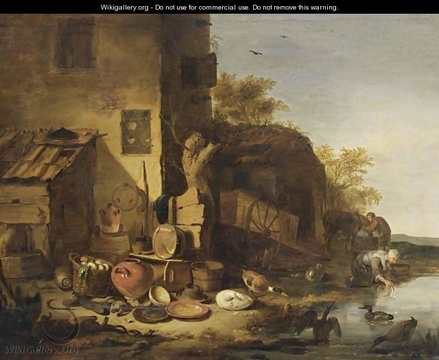 A Cottage With A Still Life Of Kitchen Utensils In The Foreground Together With Ducks, A Woman Washing Her Laundry In A Stream - Egbert Lievensz. Van Der Poel
