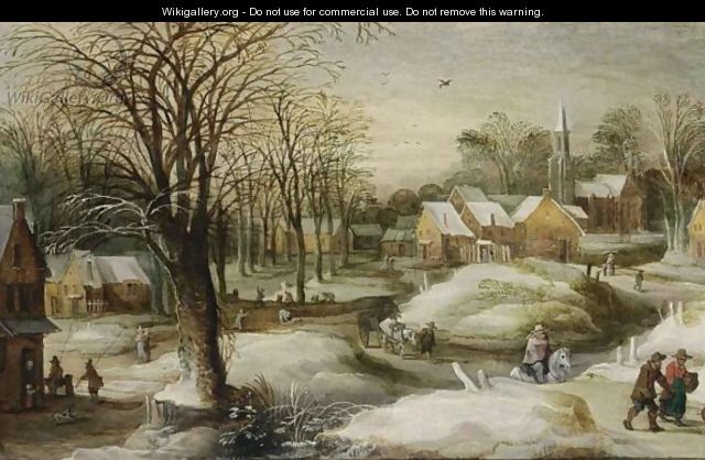 A Winter Landscape With A Horseman, A Peasant With A Horse-Drawn Cart And Figures On A Path, A Village nearby - (after) Joos De Momper
