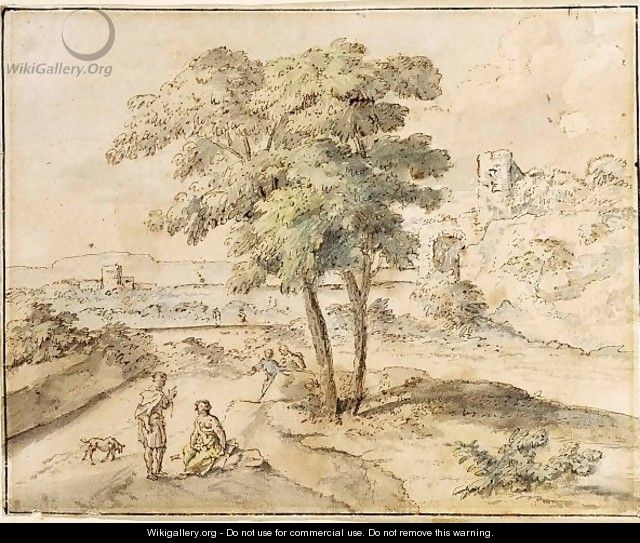 An Arcadian Landscape With Figures Conversing Under A Tree - (after) Huysum, Jan van