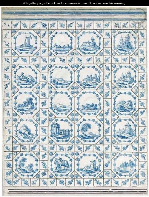 Design For A Section Of A Wall, With Various Delft Blue Tiles - Dutch School
