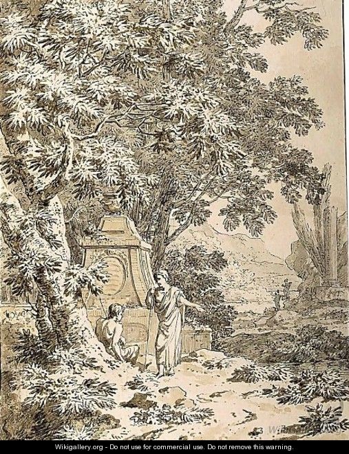 An Arcadian Landscape With Figures Resting Near A Classical Tomb - Jean Grandjean