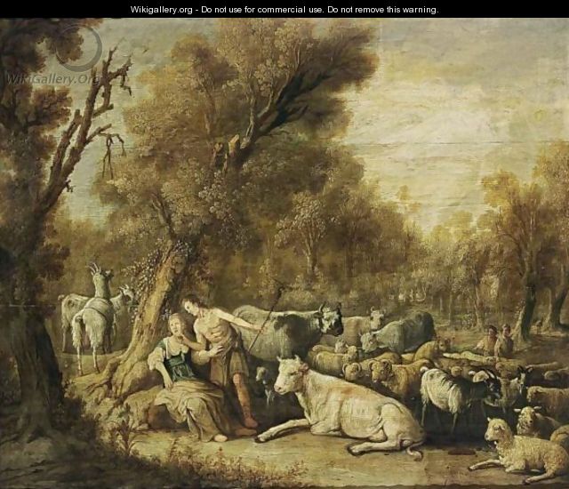 A Pastoral Landscape With An Amourous Couple And Their Flock Of Cows, Sheep And Goats - (after) Cornelis Saftleven