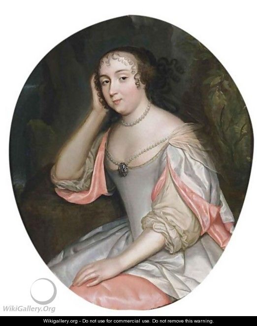 A Portrait Of A Lady, Seated Three-Quarter Length, Wearing A Pink And White Satin Dress And Pearl Jewellery, In A Park Setting - (after) Caspar Netscher