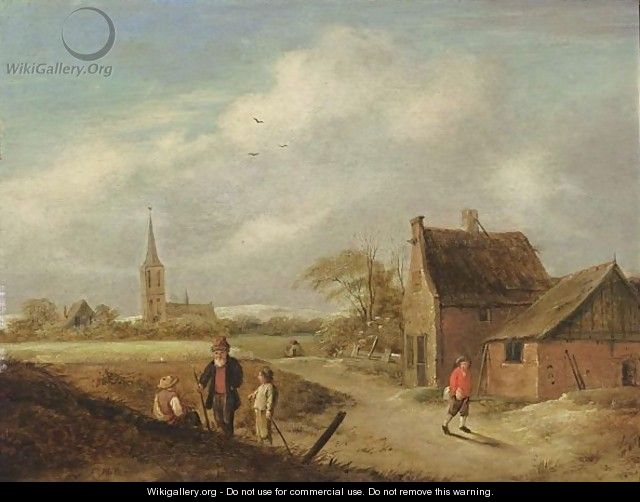 A Landscape With Travellers Resting And Figures On A Path Near A Farm, A Church Beyond - Claes Molenaar (see Molenaer)