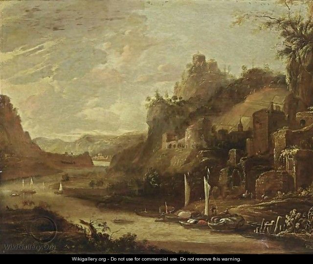 An Extensive River Landscape With Boats, A Fortified Town Together With Ruins On Hills Nearby - Herman Saftleven