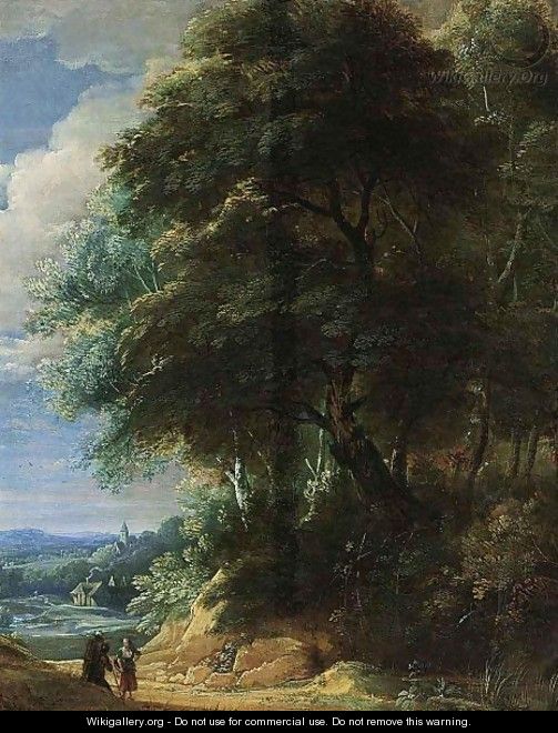 A Wooded Landscape With Two Travellers Conversing On A Path - (after) Jaques D