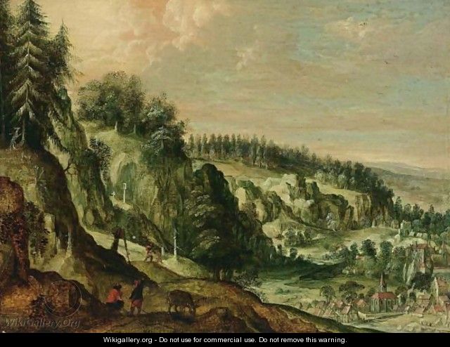 A Rocky Landscape With Travellers On A Path And A Village In A Valley - Frederik Valckenborch