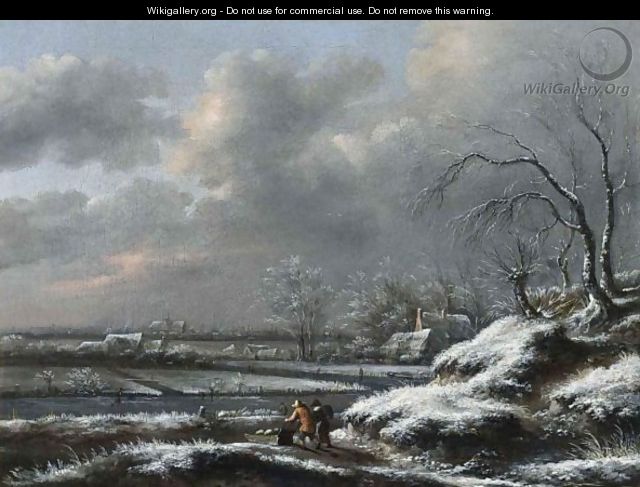 A Winter Landscape With A Man Pushing A Sledge In The Foreground, A View Of Haarlem With The Cathedral Of St. Bavo Beyond - Claes Molenaar (see Molenaer)