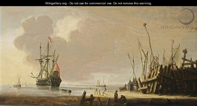 A Man-Of-War In Calm Waters Together With Other Vessels, Other Sailing Boats Moored At A Quay In The Foreground - (after) Hendrick Dubbels