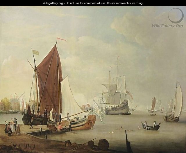 A Dutch Harbour Scene With A Smalschip, A Yacht, A Boeier, A Cargo Vessel, Rowing Boats And Other Vessels, Together With Figures Swimming And An Elegant Company On The Shore Near A Village - Dutch School