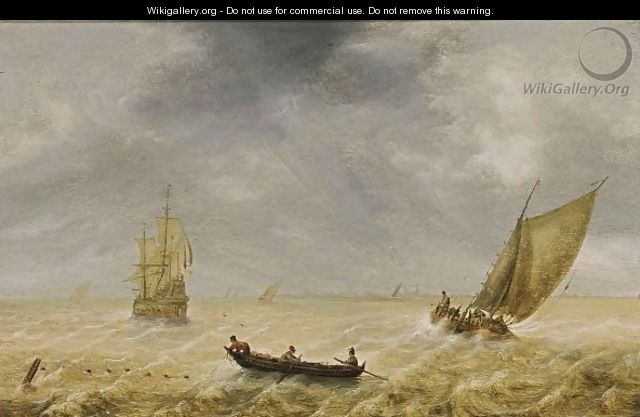 Fishermen In A Rowing Boat And Sailing Vessels In A Choppy Sea, A City In The Distance - Hendrik van Anthonissen