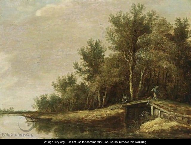 A River Landscape With A Fisherman In A Rowing Boat, And A Traveller On A Bridge - (after) Jan Van Goyen