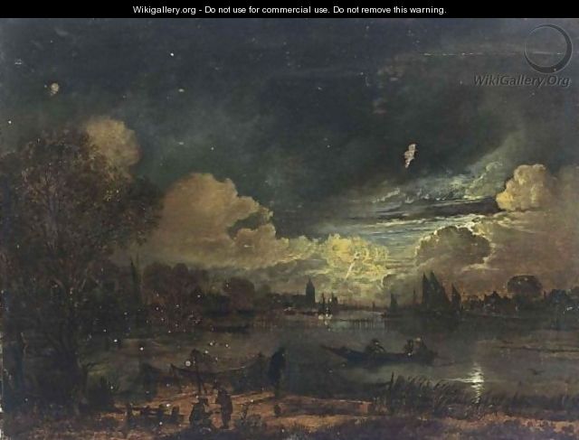 A Moonlit River Landscape With Fishermen Repairing Their Nets And Three Men In A Rowing Boat - Aert van der Neer