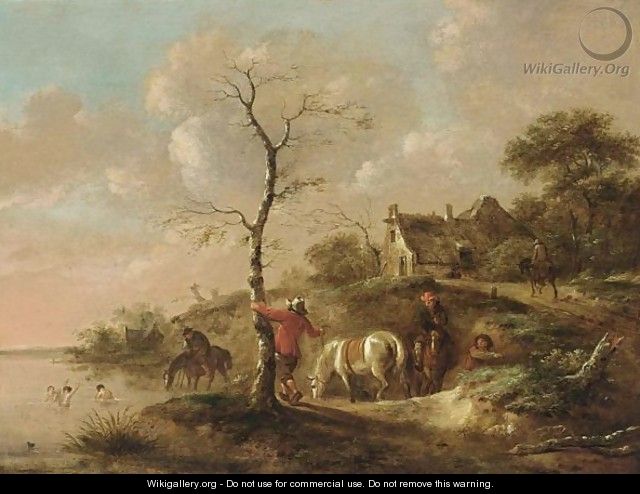 A Wooded Landscape With Travellers Watering Their Horses Near A River, Figures Swimming And A Horseman On A Path Near A Farm - Claes Molenaar (see Molenaer)