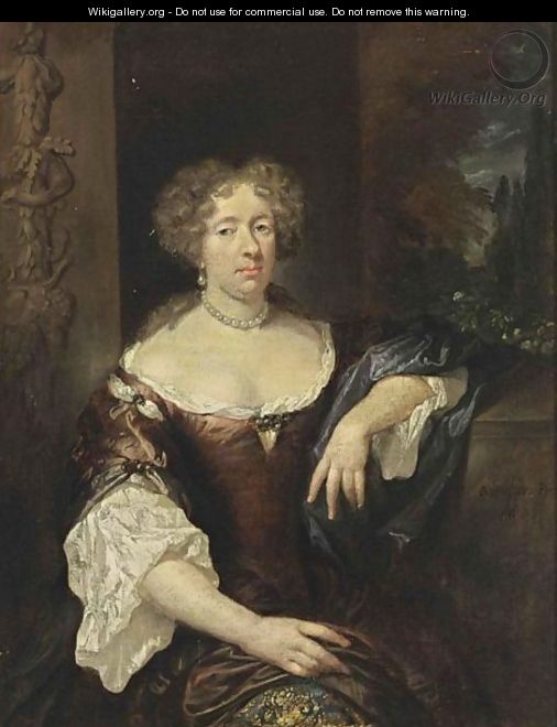 A Portrait Of A Lady, Seated Three-Quarter Length, Wearing A Red Dress With Blue Sleeves And A Gilt-Embroidered Underskirt, A White Chemise, Pearl Jewellery, A Blue Shawl Draped On Her Left Arm, In A Park Setting - Caspar Netscher