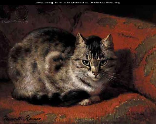 Tabby On A Red Settee - Henriette Ronner-Knip