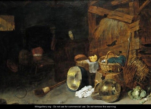 A Barn Interior With A Still Life Of Kitchen Utensils And An Owl, Two Men Beside A Fire Beyond - David The Younger Ryckaert