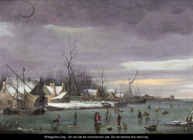 A Winter Landscape With Skaters On A Frozen River - Dutch School