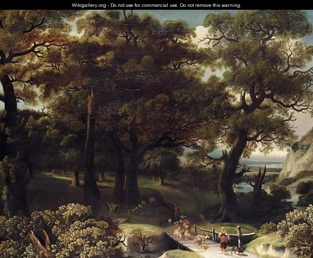 A Wooded Landscape With Drovers And Animals Crossing A Bridge - (after) Jan Looten