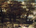 A Wooded Landscape With Drovers And Animals Crossing A Bridge - (after) Jan Looten