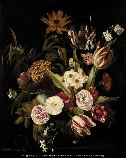 A Still Life Of Roses, Tulips And Other Flowers In A Glass Vase On A Stone Ledge - Jan Philip van Thielen