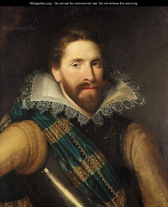 A Portrait Of A Man, Half Length, Wearing A Cuirasse And A Blue Sash - (after) Michiel Jansz. Van Mierevelt