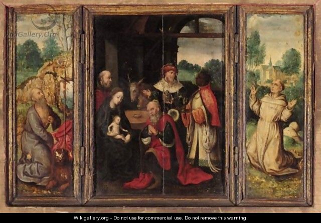 A Triptych Central Panel The Adoration Of The Magi - Right Wing Saint Francis Receiving The Stigmata - Left Wing Saint Jerome In Penitence - Antwerp School