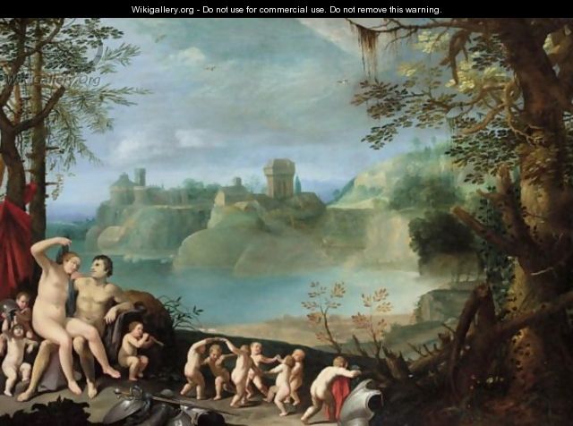 Mars And Venus In An Extensive River Landscape With Putti Playing And Dancing - (after) Paul Bril