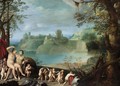 Mars And Venus In An Extensive River Landscape With Putti Playing And Dancing - (after) Paul Bril
