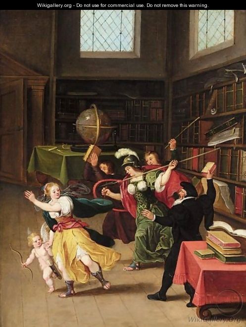 An Allegory Of Reason Overcoming Desire With Minerva And Scholars Expelling Venus And Cupid From A Library - Flemish School