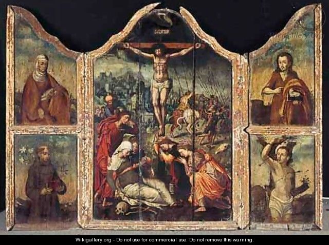 A Triptychcentral Panel The Crucifixion - left Wing Mary Magdalene - right Wing Saint John The Baptist And Saint Sebastian - South Netherlandish School