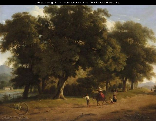 An Italianate Landscape With Figures And Their Donkey On A Road Before A Copse - (after) Alexandre-Hyacinthe Dunouy