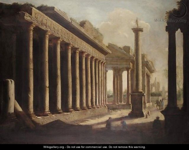 An Architectural Capriccio With Figures Amongst Ruins With The Anthonine Column - (after) Ascanio Luciano